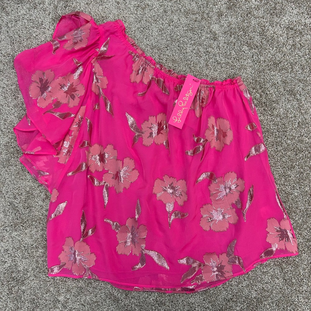 NWT Lilly Pulitzer Sarahleigh One Shoulder Top‎ Roxie Pink Women Size Large Silk - Picture 5 of 9
